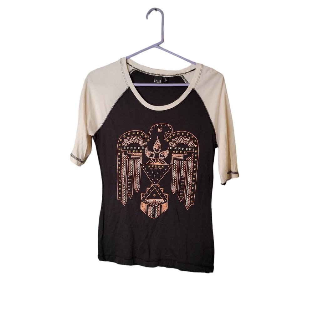 Cruel Size Small Women's Top Beaded Eagle Raglan Tee T Shirt
